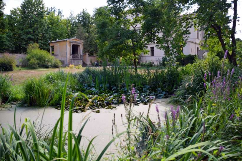 Blick über den Goldfischteich zum Gartenpavillon und zur Villa Illaire. 